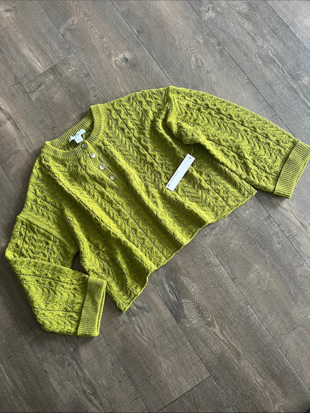 Broadway 38 Cable Knit Button Henley Sweater in Lime Crew Neck L NWT